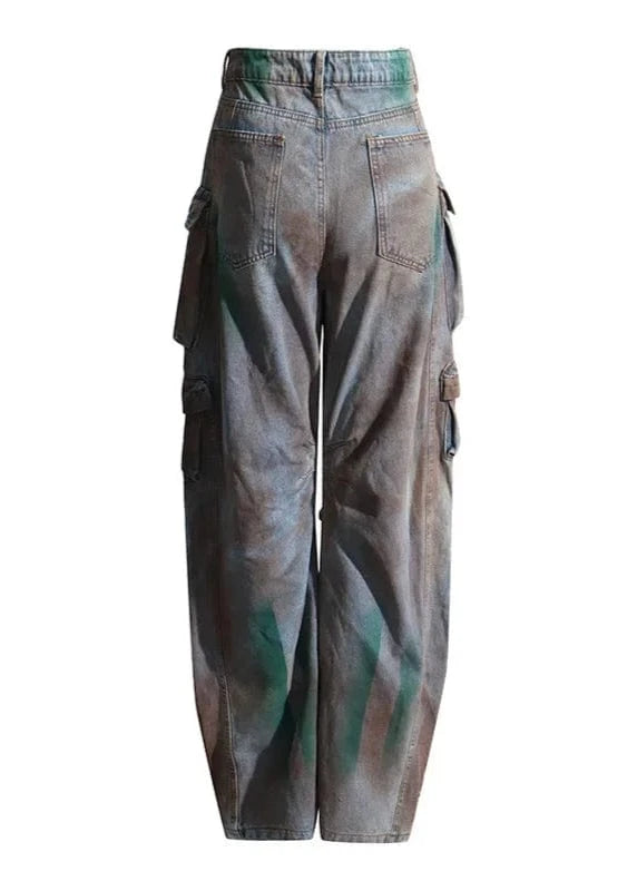 Brown cargo pants with multiple pockets on a white background