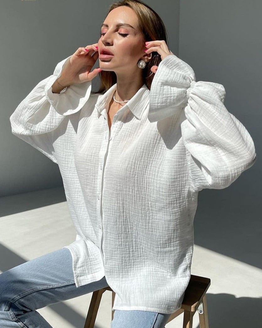 Teonclothingshop Fashionable White Women's Long Sleeve Foldover Blouses, 100% Cotton Shirts