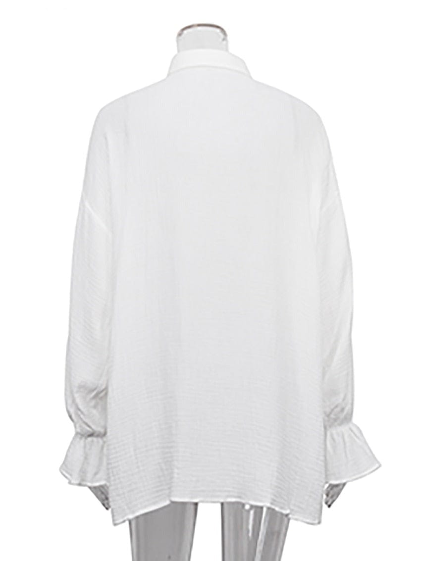 Teonclothingshop Fashionable White Women's Long Sleeve Foldover Blouses, 100% Cotton Shirts