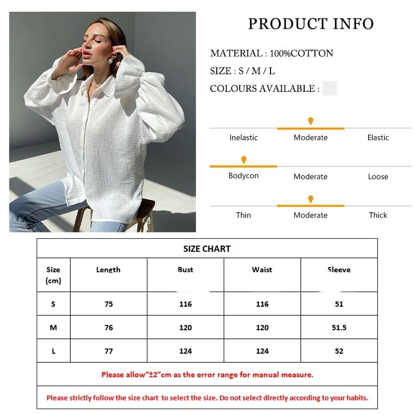 Teonclothingshop Fashionable White Women's Long Sleeve Foldover Blouses, 100% Cotton Shirts