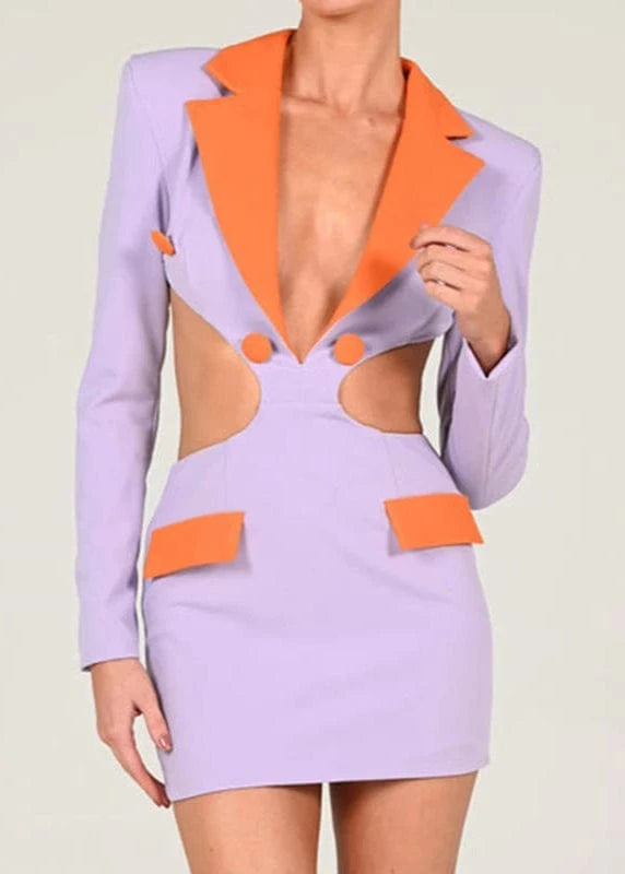 Fashionable Women’s Lapel Patchwork Mini Dress