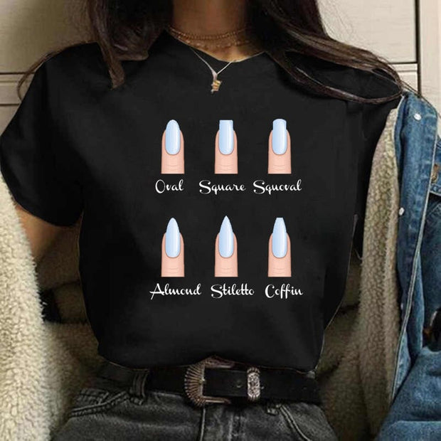 Teonclothingshop Fashionable women's short-sleeved t-shirt with drawings on the nails with a cute print
