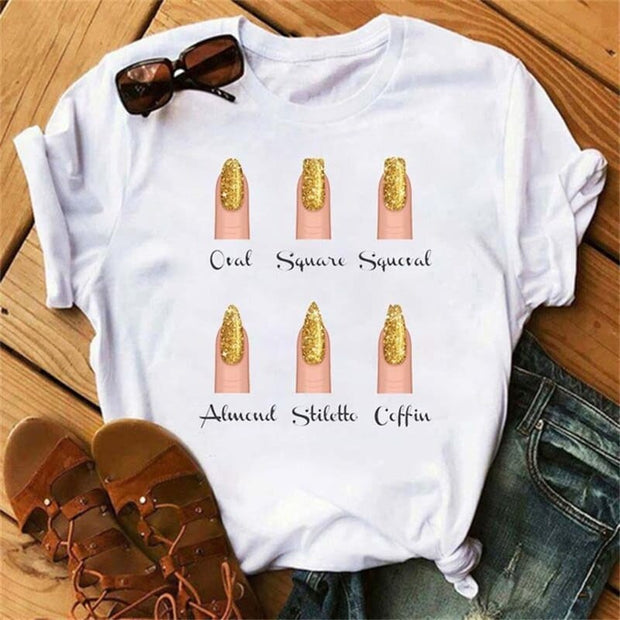 Teonclothingshop 12 / S Fashionable women's short-sleeved t-shirt with drawings on the nails with a cute print