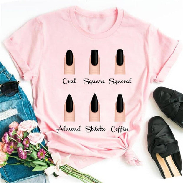 Teonclothingshop 17 / S Fashionable women's short-sleeved t-shirt with drawings on the nails with a cute print