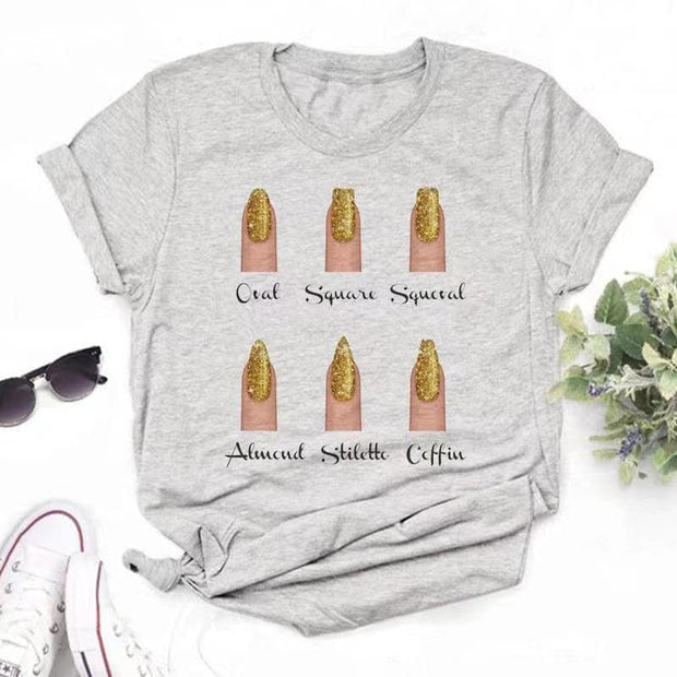 Teonclothingshop 21 / S Fashionable women's short-sleeved t-shirt with drawings on the nails with a cute print