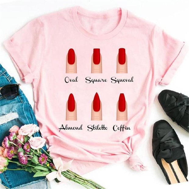 Teonclothingshop 9 / S Fashionable women's short-sleeved t-shirt with drawings on the nails with a cute print