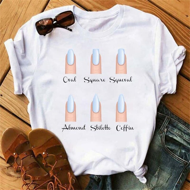 Teonclothingshop 13 / S Fashionable women's short-sleeved t-shirt with drawings on the nails with a cute print