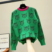 Teonclothingshop Fashionable women's warm sweater with cats with long sleeves