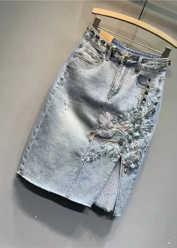 Flower Embroidered Denim Skirt
