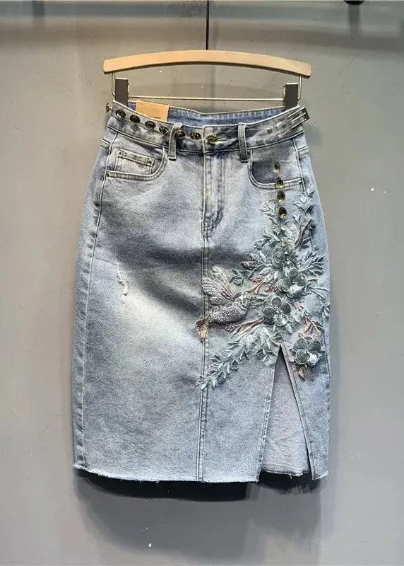 Flower Embroidered Denim Skirt