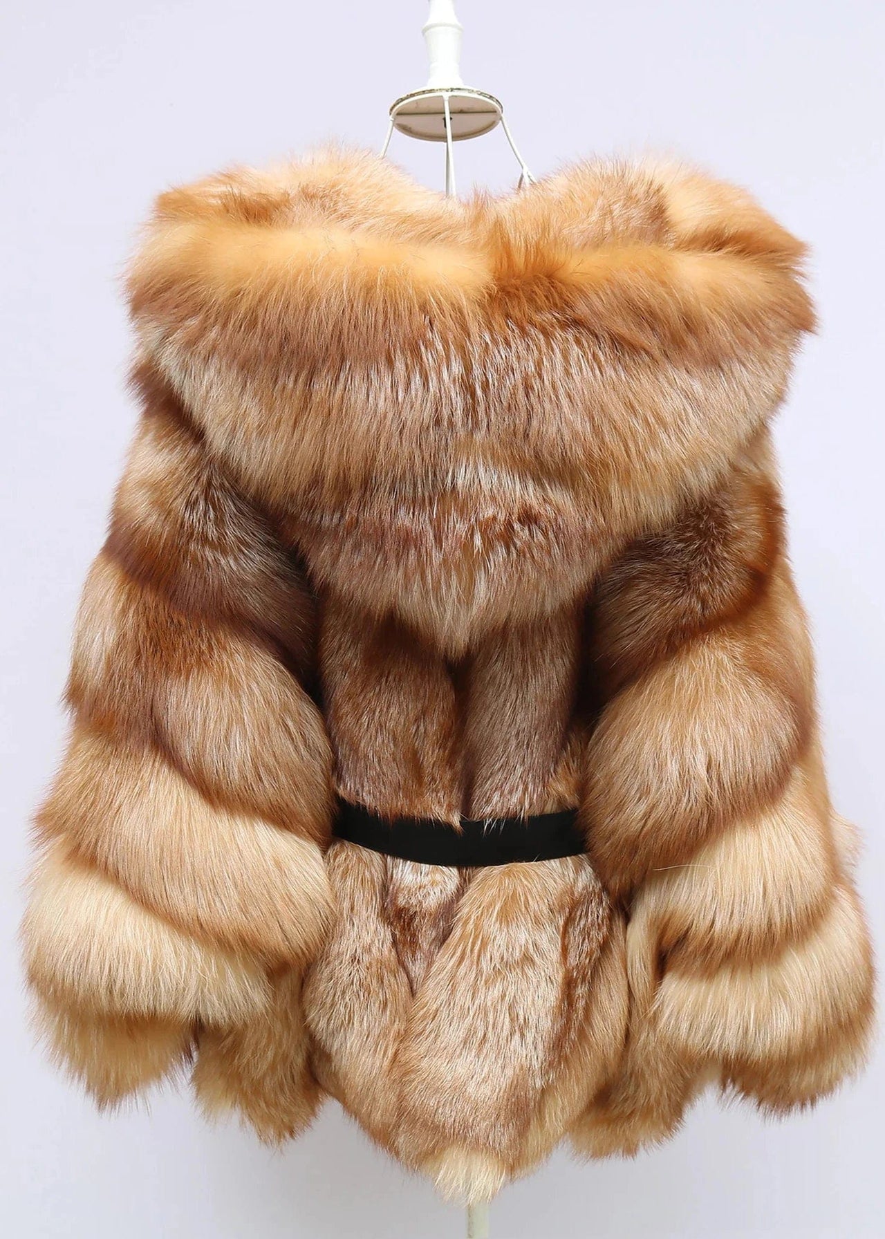 Teonclothingshop Gold-red bat sleeve fur coat with double-sided full fur hood