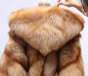 Teonclothingshop Gold-red bat sleeve fur coat with double-sided full fur hood