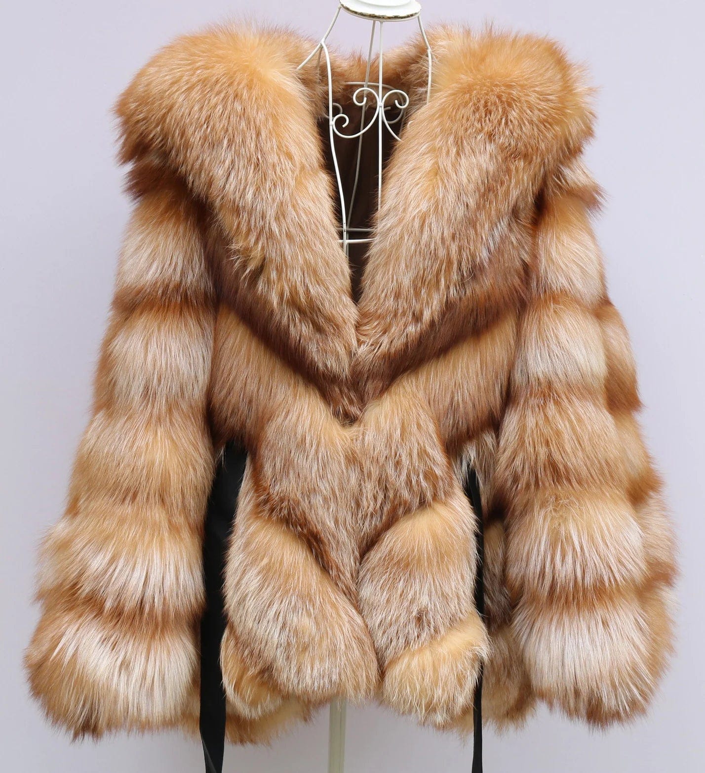 Teonclothingshop Gold-red bat sleeve fur coat with double-sided full fur hood