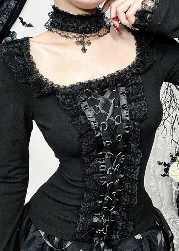 Goth Black Lace Trim Long Sleeve T-Shirts