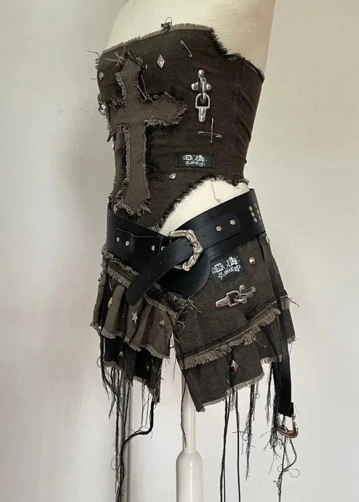 Goth Denim Two-Piece Set – Washed Zipper Coat & Pleated Mini Skirt