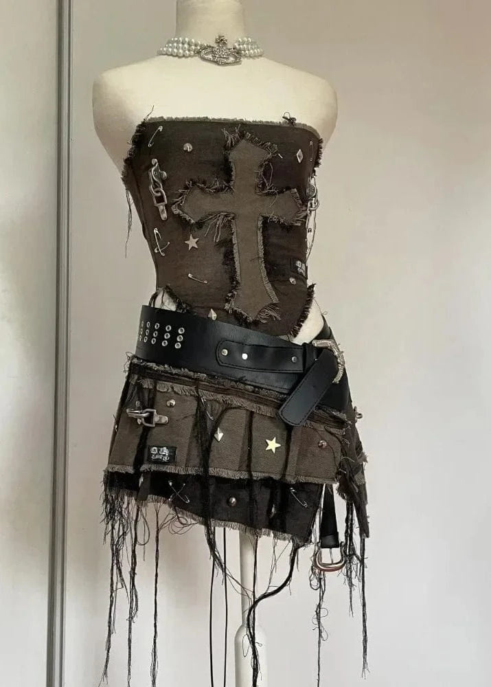 Goth Denim Two-Piece Set – Washed Zipper Coat & Pleated Mini Skirt