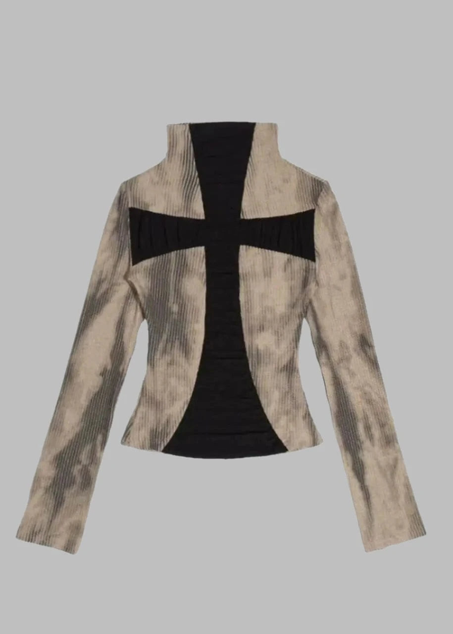 Beige jacket with black cross design on a white background