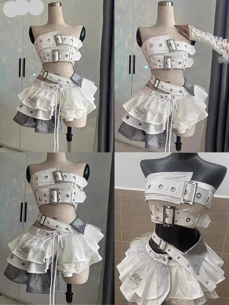 Gothic High Waist Ruffle Skirt With Matching Crop Top