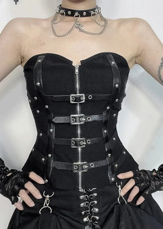 Person wearing a black steampunk-style corset with metal buckles on a white background