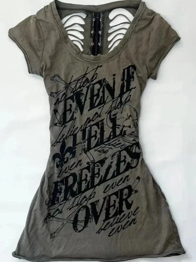 Gray t-shirt with black text design on a white background