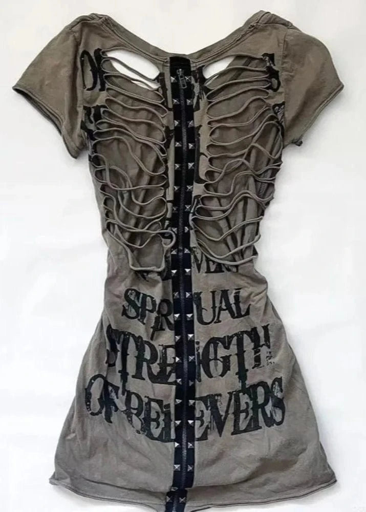 Gray dress with black text and studded details on a white background