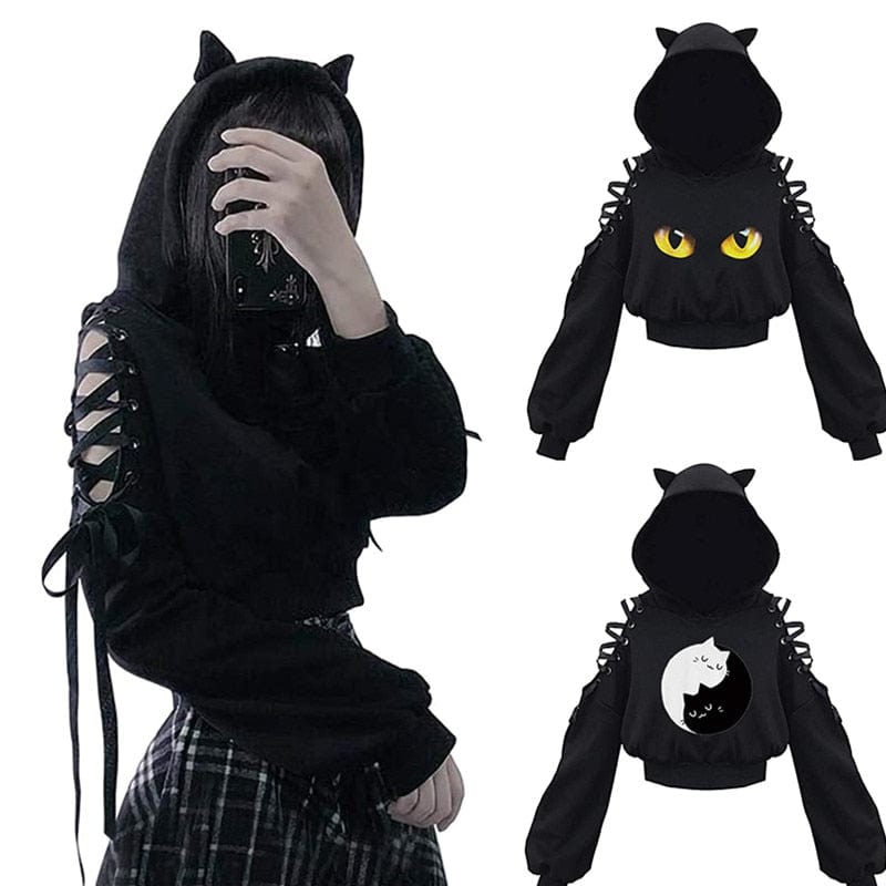 Teonclothingshop Gothic Punk Women's Long Sleeve Cat Ears Hoodies