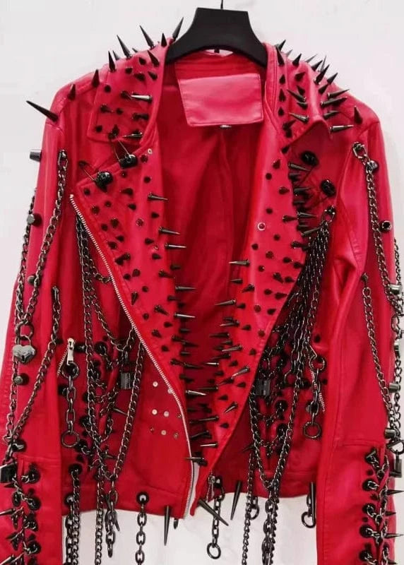 Red jacket with black spikes and chains on a white background