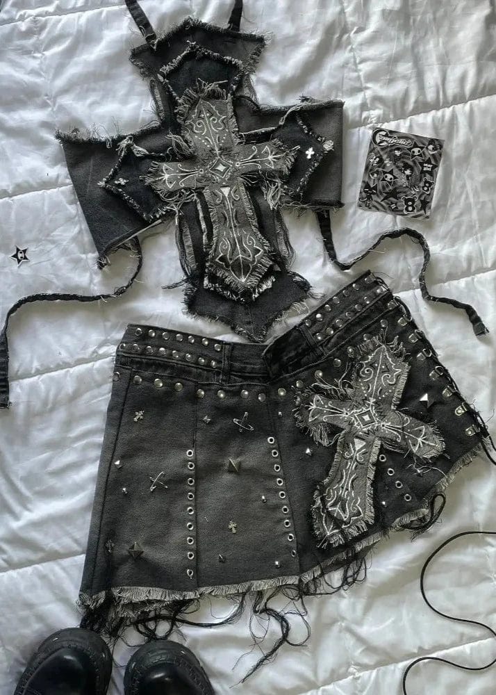 Teonclothingshop Gothic Retro Cross Patch Denim Set