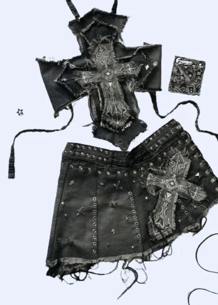 Teonclothingshop Gothic Retro Cross Patch Denim Set