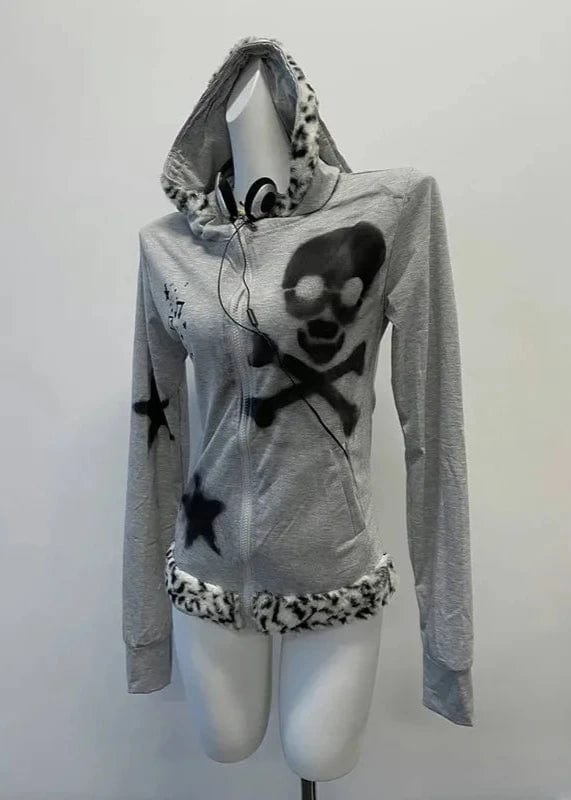 Teonclothingshop "Gothic Skull Print Rabbit Ears Jacket: Perfect for Grunge Style"