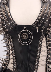 Black leather vest with silver spikes and a central circular design on a white background