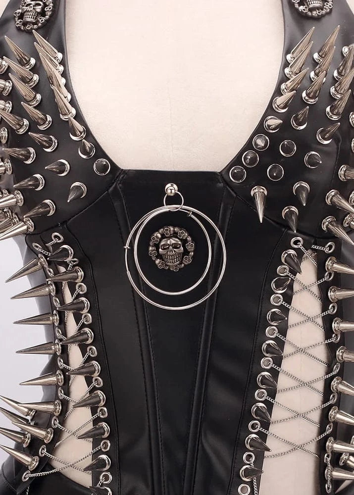 Black leather vest with silver spikes and a central circular design on a white background