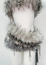 Mannequin with fur-trimmed belt and accessories on a white background