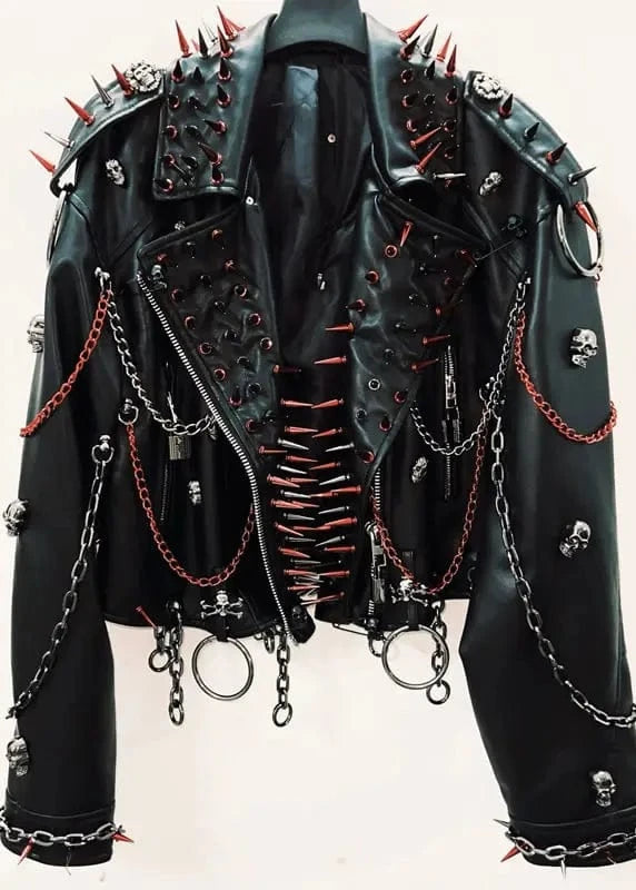Black leather jacket with spikes, chains, and studs on a white background