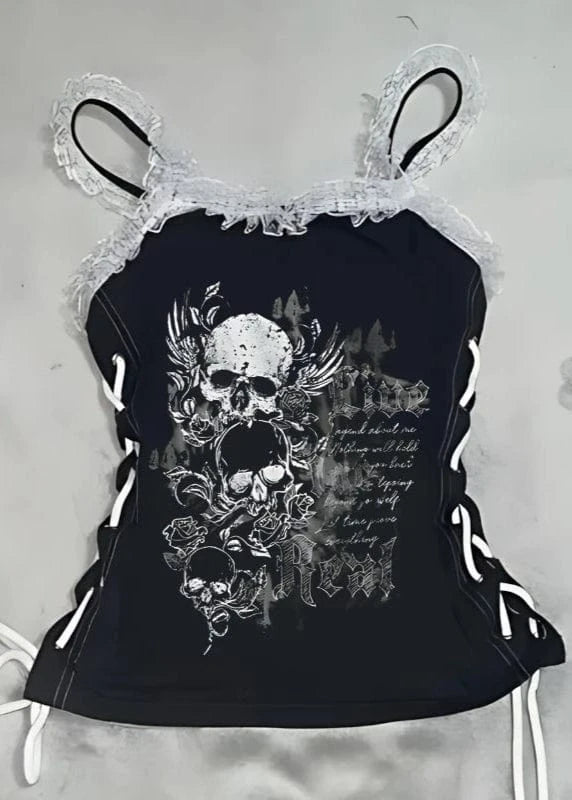 Black tank top with skull design and lace straps on a white background