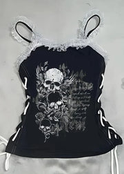 Black tank top with skull design and lace straps on a white background