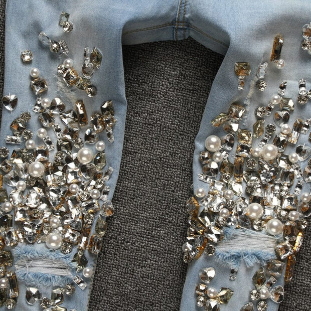 Teonclothingshop Hand stitched beaded jeans for women with rhinestones