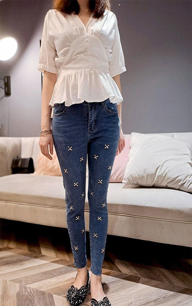 Teonclothingshop Heavy beading, floral pearl jeans, women's high-waisted jeans, stretchy skinny jeans