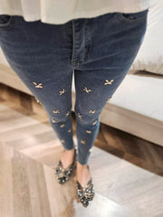 Teonclothingshop Heavy beading, floral pearl jeans, women's high-waisted jeans, stretchy skinny jeans