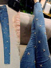 Teonclothingshop Heavy beading, floral pearl jeans, women's high-waisted jeans, stretchy skinny jeans