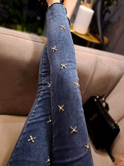 Teonclothingshop Heavy beading, floral pearl jeans, women's high-waisted jeans, stretchy skinny jeans