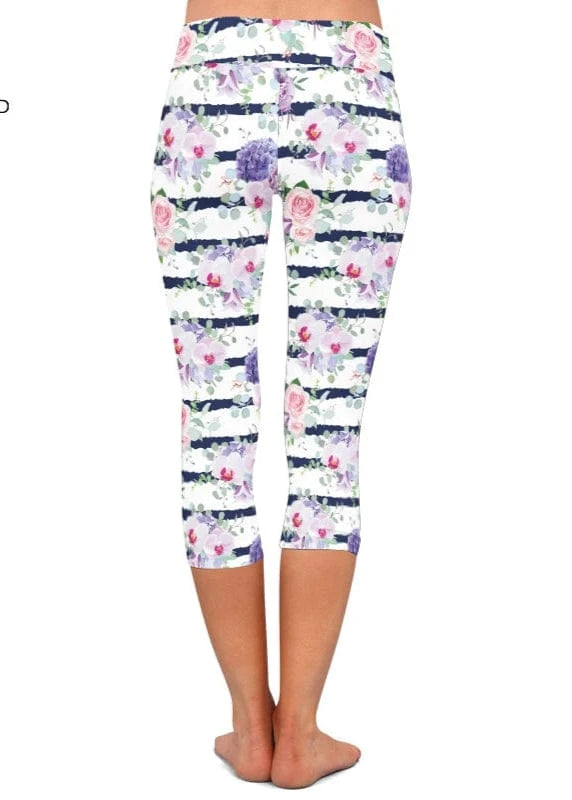 High Elastic Capri Leggings High Waist Flowers Print