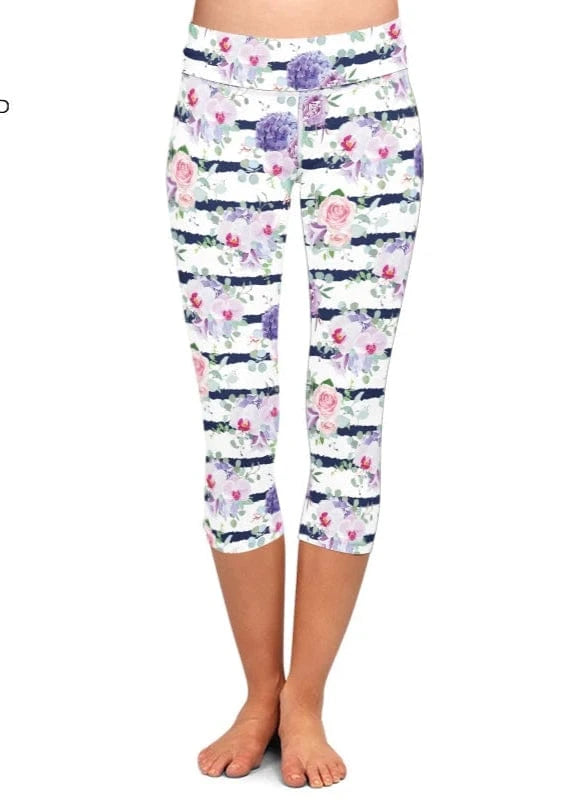 High Elastic Capri Leggings High Waist Flowers Print