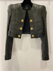 Teonclothingshop HIGH QUALITY 2023 Latest Fashion Designer Jacket Women Lion Button Faux Leather Trimming Jacket