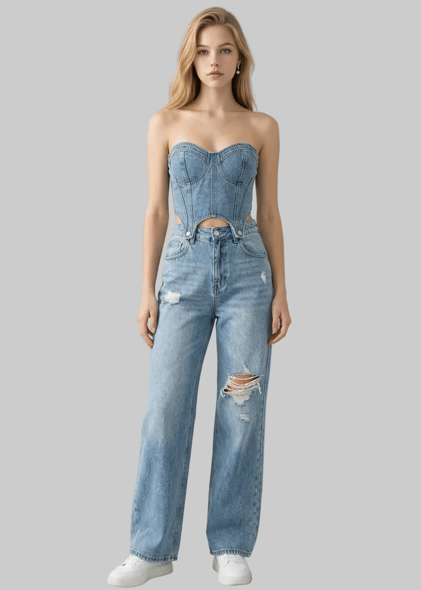 Woman wearing a denim outfit with 'arvin' branding on a gray background