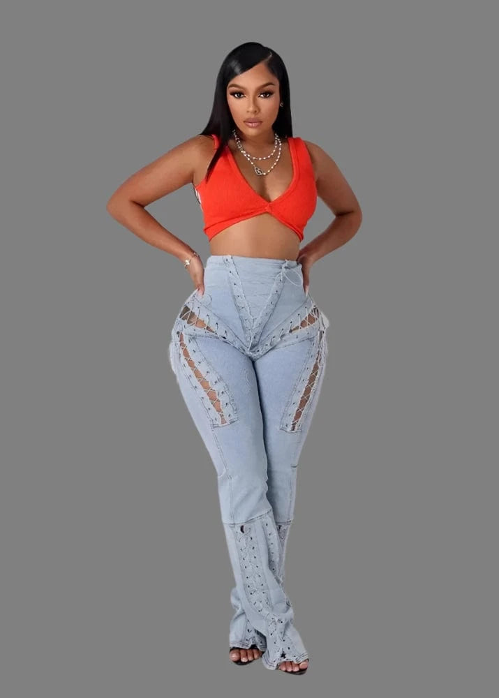 High-waisted, stretchy, bell-bottomed jeans with straps and a neckline