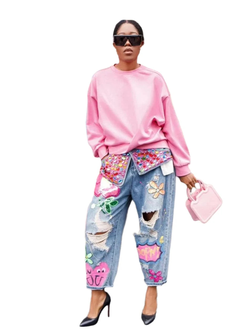 Teonclothingshop Hole Fashion Print Diamond Splicing Loose Jeans Women