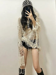 Teonclothingshop Beige / S Hollow knitted t-shirt-spider web