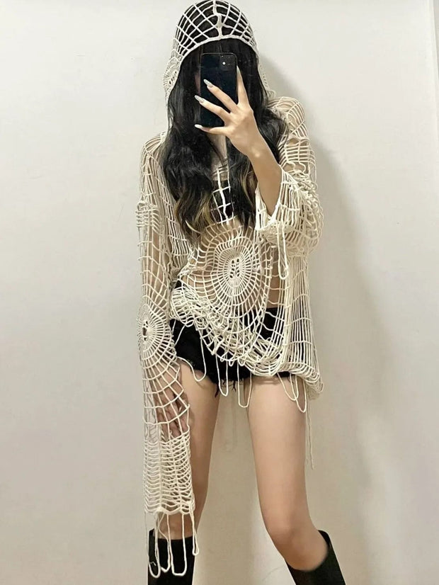 Teonclothingshop Beige / S Hollow knitted t-shirt-spider web