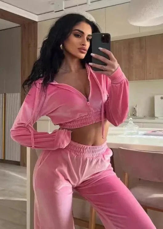 Hooded Zipper Short Sweatshirt & Joggers